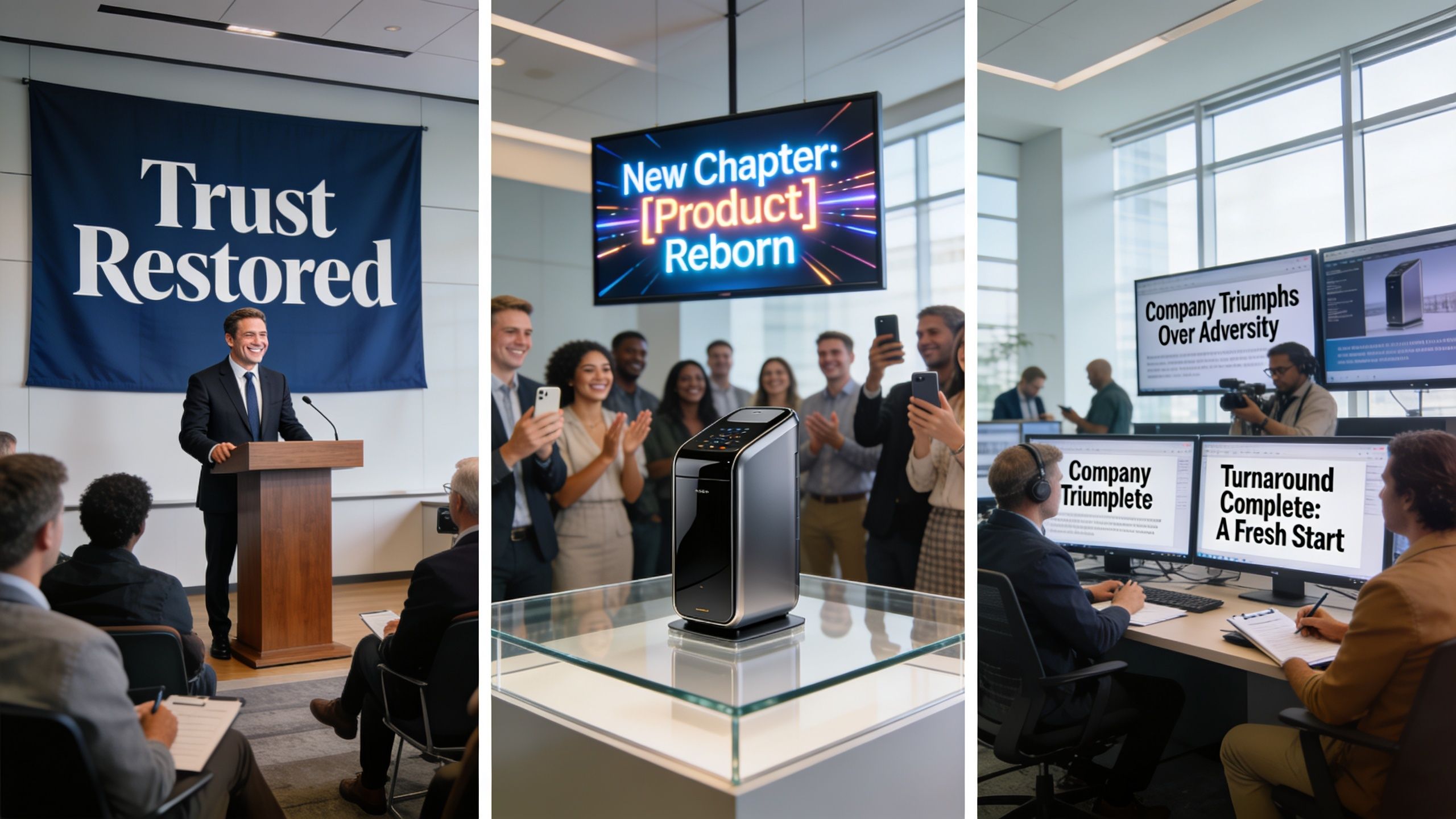 A professional series showing a company turnaround from crisis management to a successful product launch and reporting.