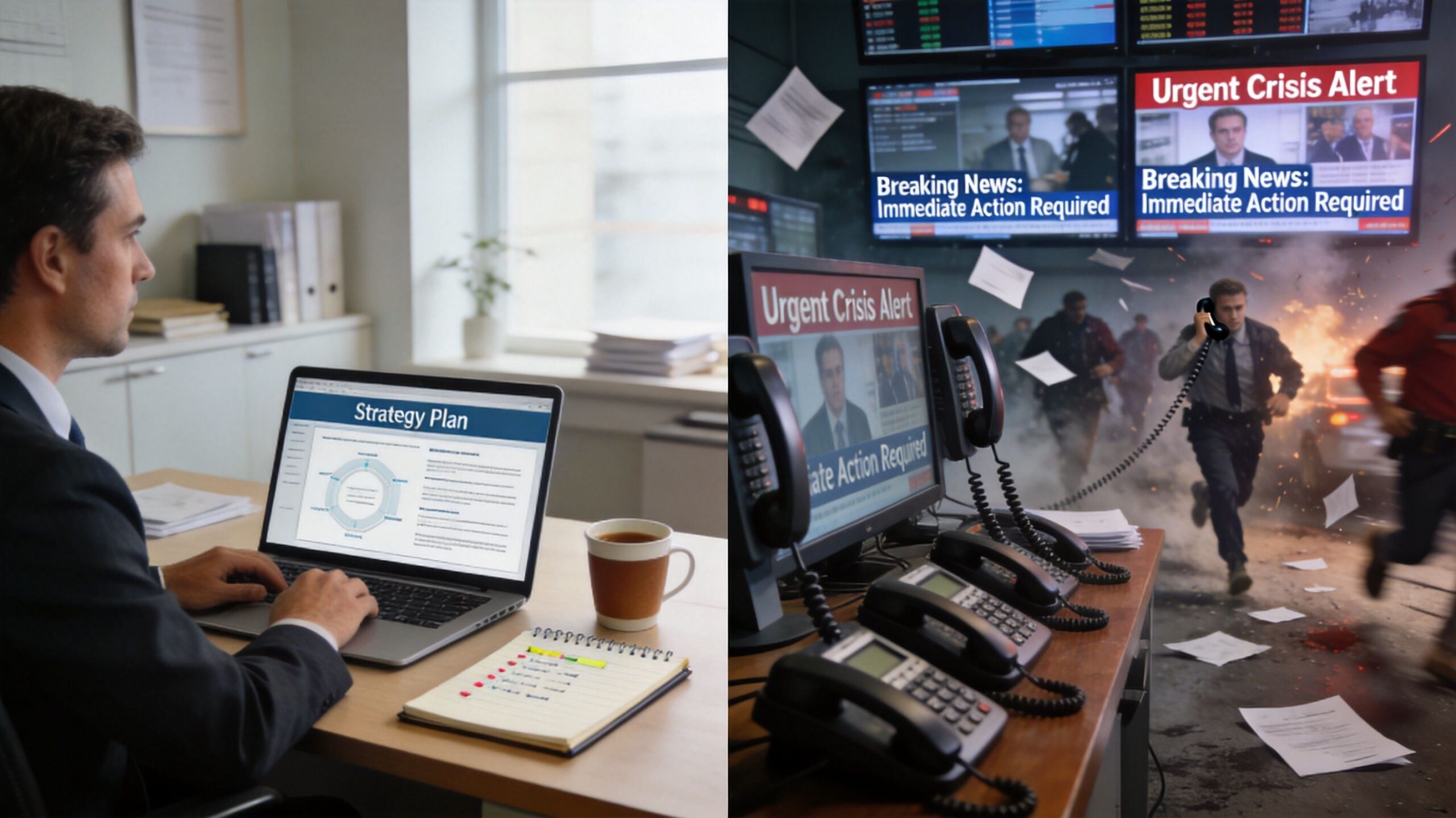 A split-screen comparison showing a calm office workspace versus a chaotic emergency response scene on news monitors.