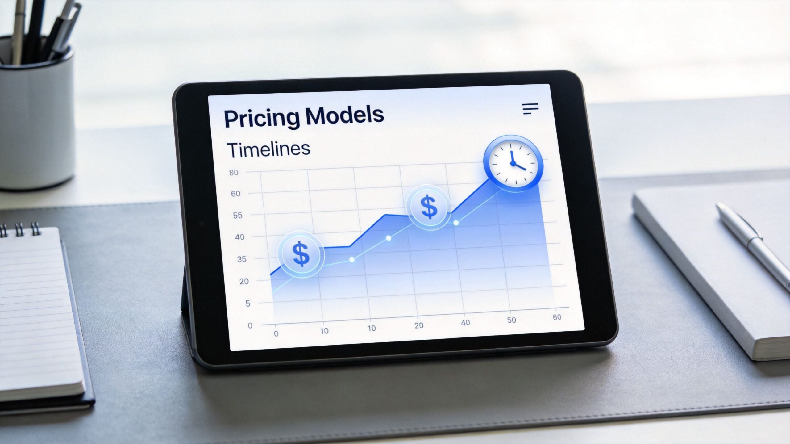 A digital tablet displaying a rising chart labeled Pricing Models and Timelines on a desk surface.