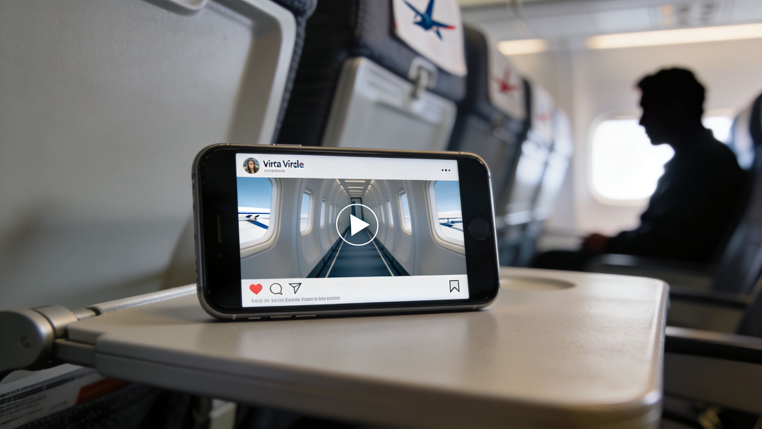 A smartphone on a tray table displays a video of an airplane aisle during flight.