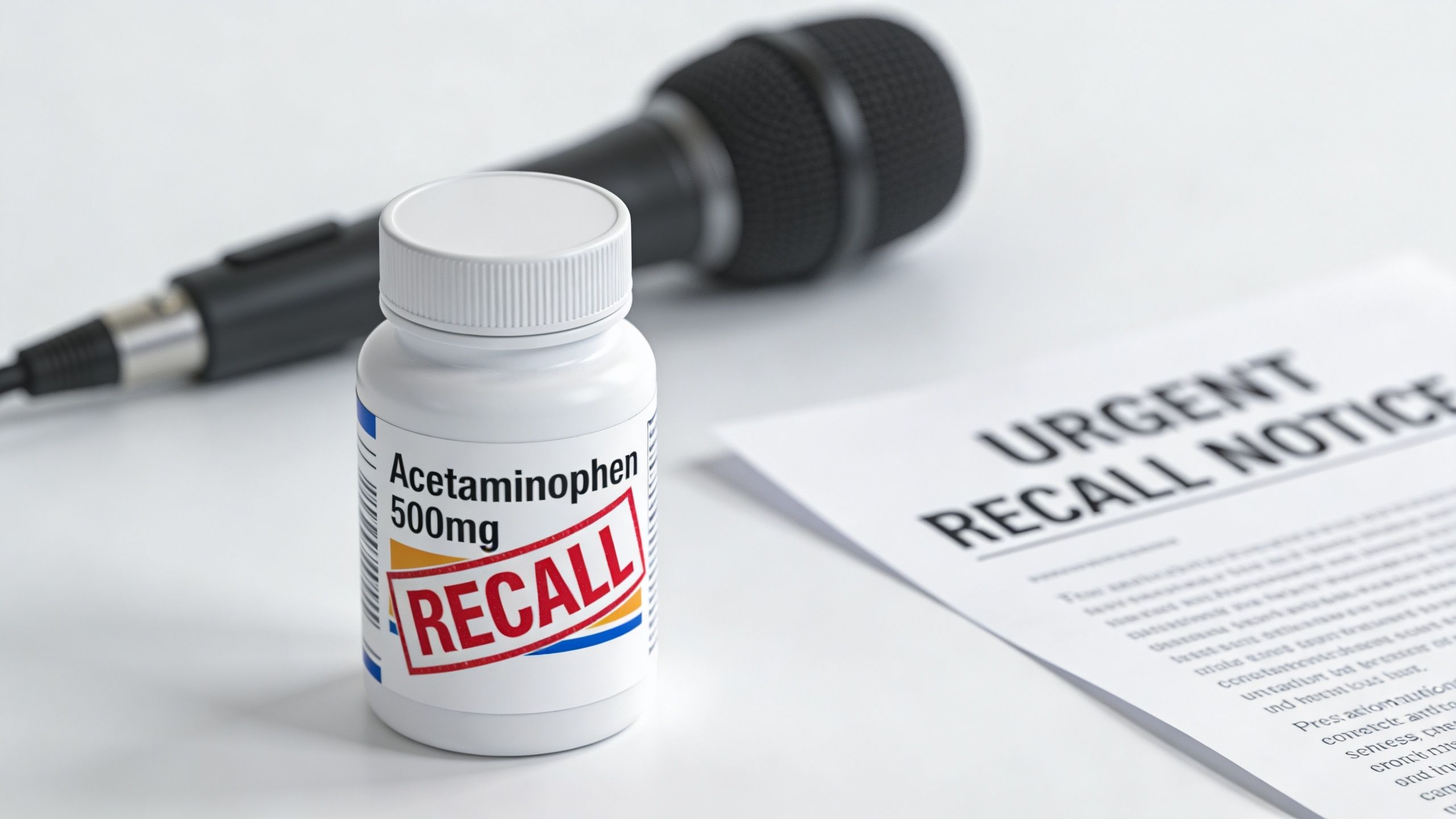 A pill bottle labeled Acetaminophen with a red recall stamp next to a microphone and recall notice.
