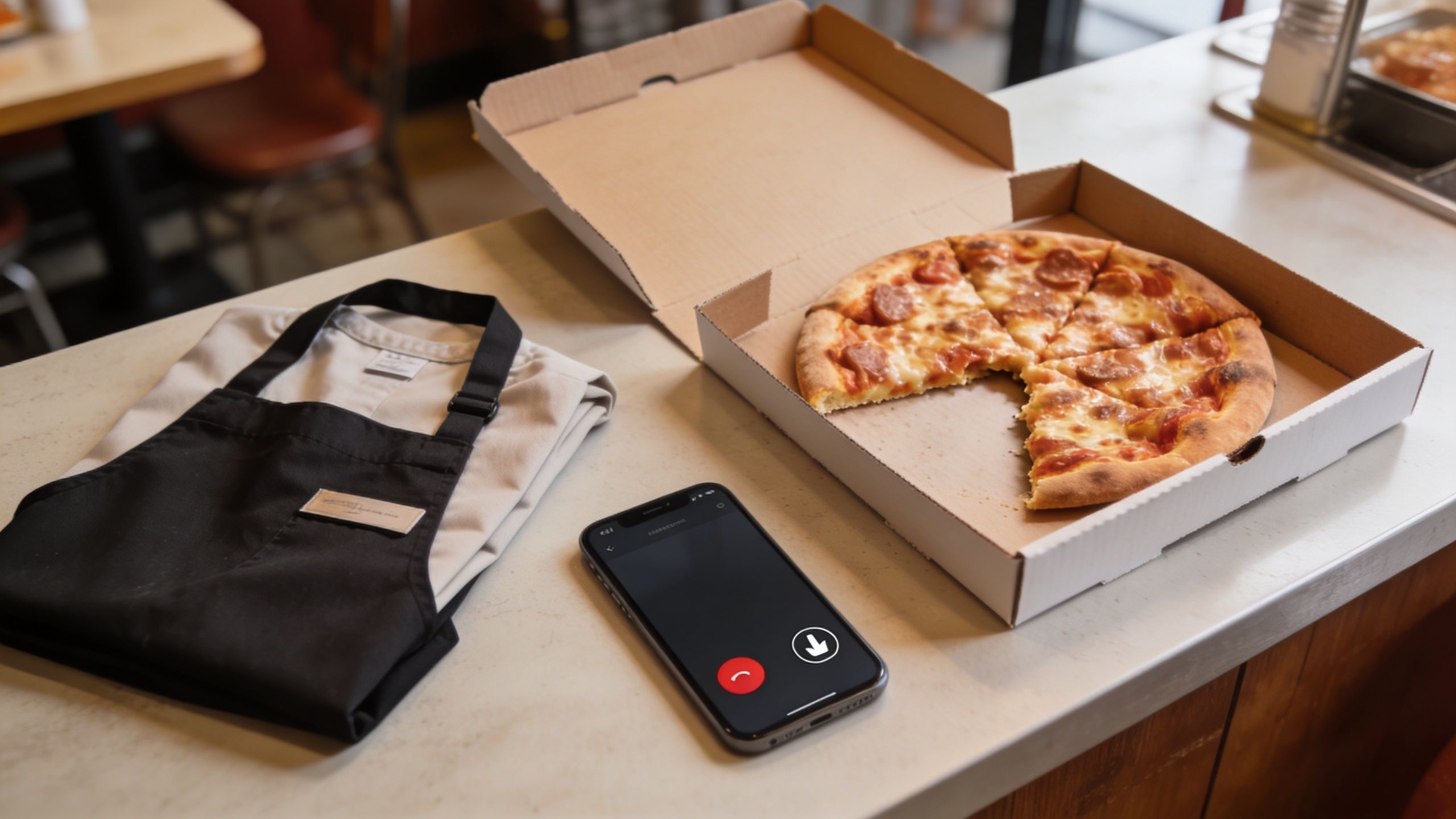 A smartphone showing an active phone call next to a pizza box and a restaurant uniform apron.