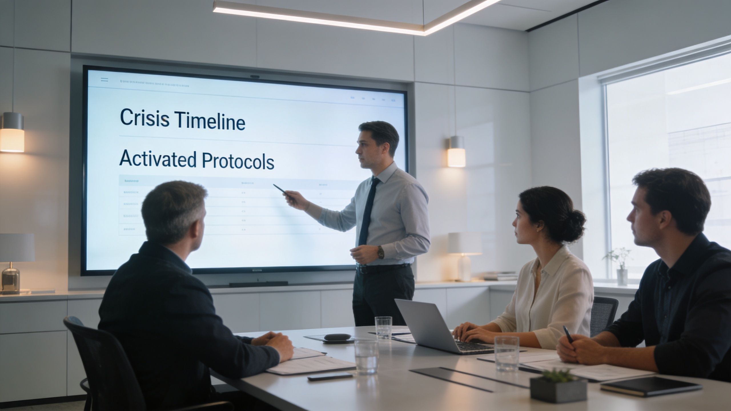 A professional man gives a business presentation on crisis management to a team in a modern office.