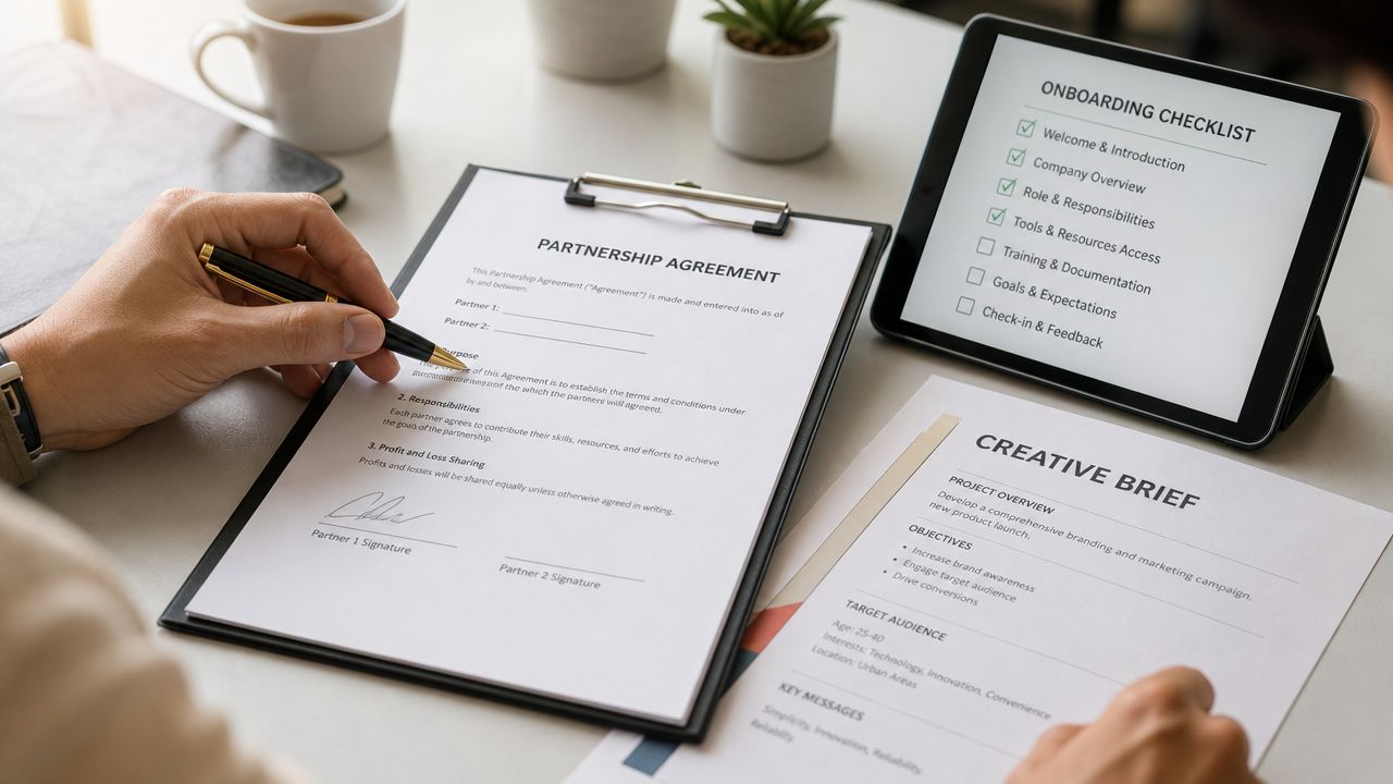 A professional desk workspace featuring a partnership agreement, creative brief, and a digital onboarding checklist.