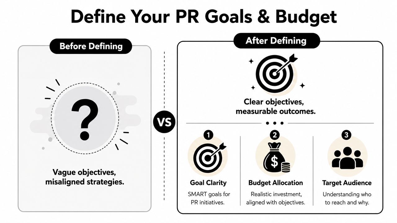 A comparison chart showing how defining PR goals and budget improves strategy from vague to clear.