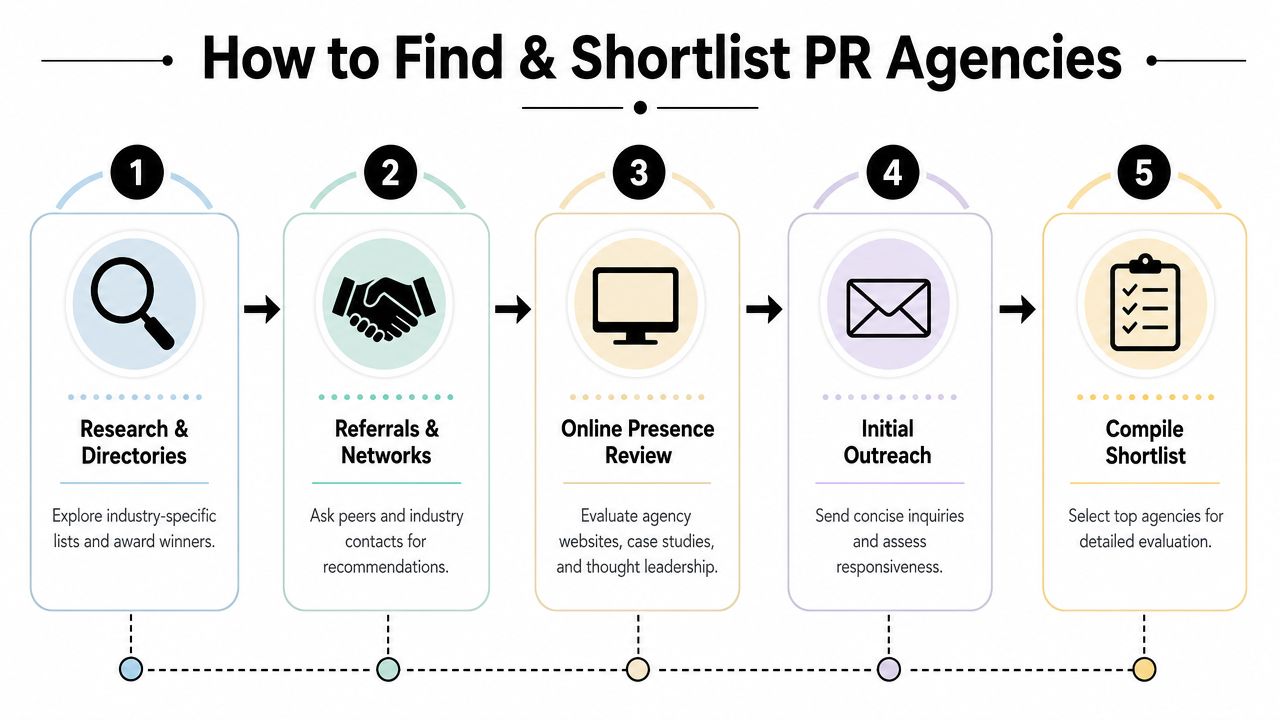 A five-step infographic showing how to find and shortlist a professional PR agency for businesses.