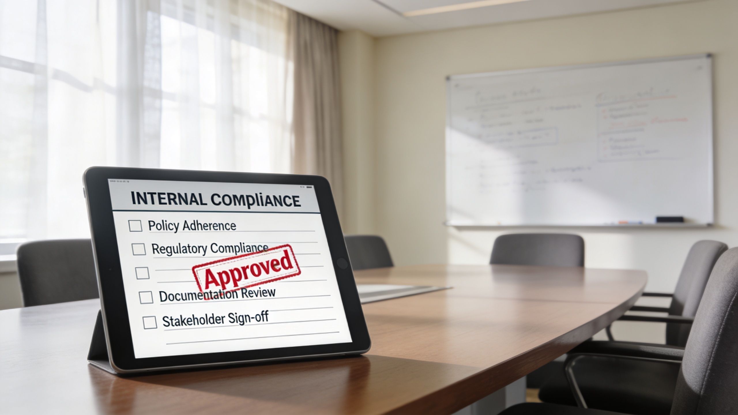 A tablet on a boardroom table displaying a digital internal compliance checklist stamped with approved.