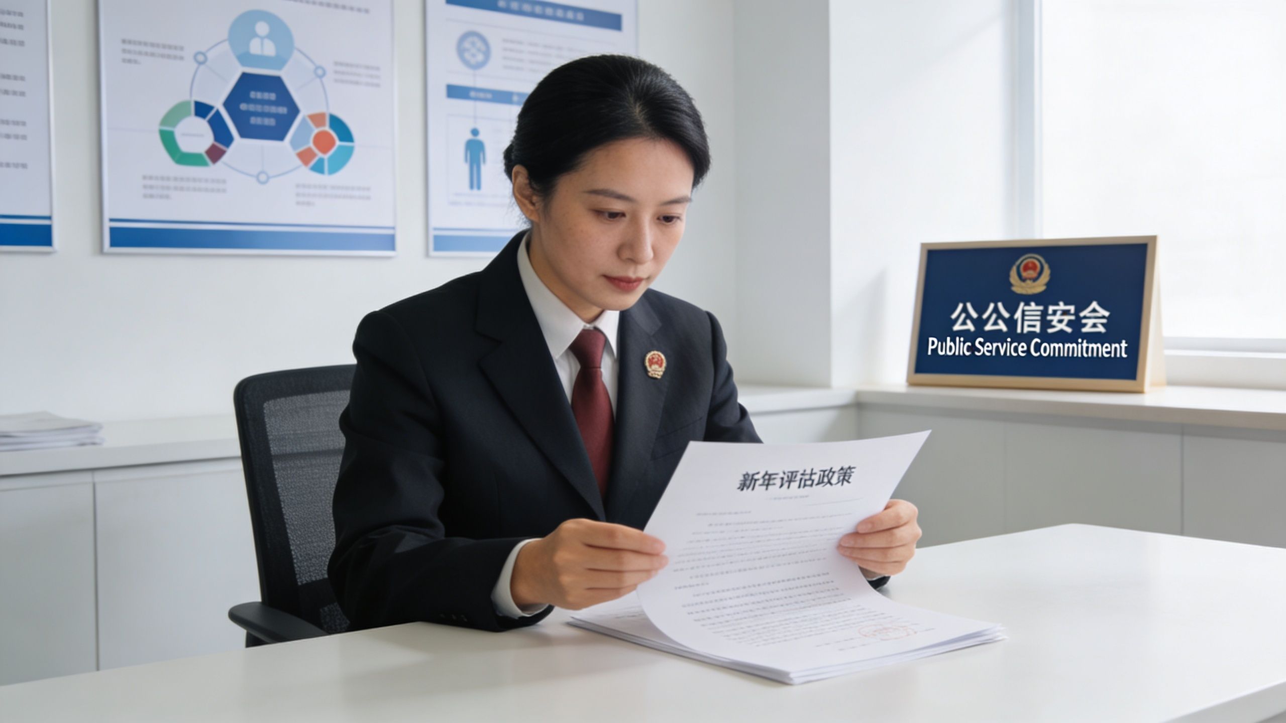 A professional woman in a suit reading a government document at her office desk.