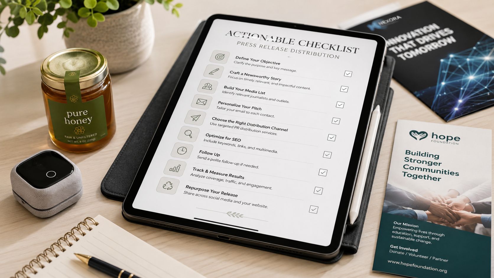 A digital tablet displaying an actionable press release distribution checklist on a clean office workspace desk.