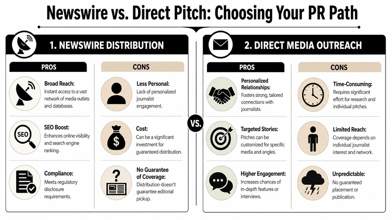A comparison infographic detailing the pros and cons of using newswire distribution versus direct media outreach.