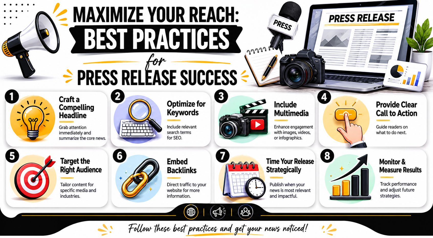 An infographic detailing eight best practices for achieving success with professional press release distribution and public relations.
