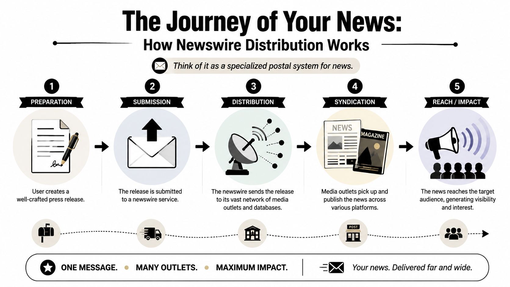 An infographic illustrating the five-step process of newswire press release distribution, from preparation to final audience impact.