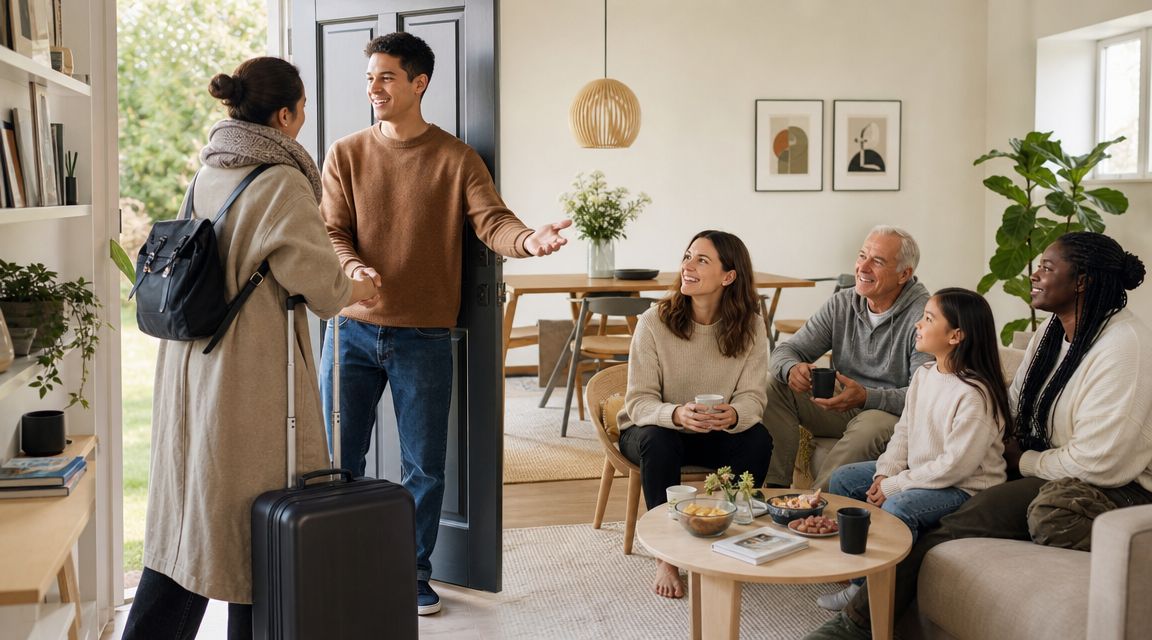 A young man greets a female visitor at the door as family members smile from the living room.