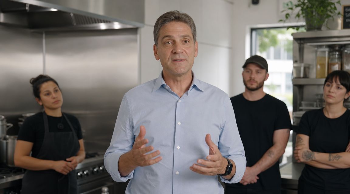 A man in a light blue shirt speaking to three kitchen staff members in a professional kitchen.