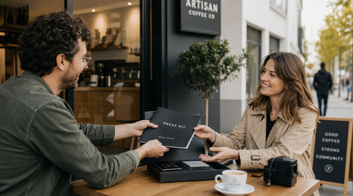 A man and woman exchanging an Artisan Coffee Co. branded press kit at an outdoor cafe table.