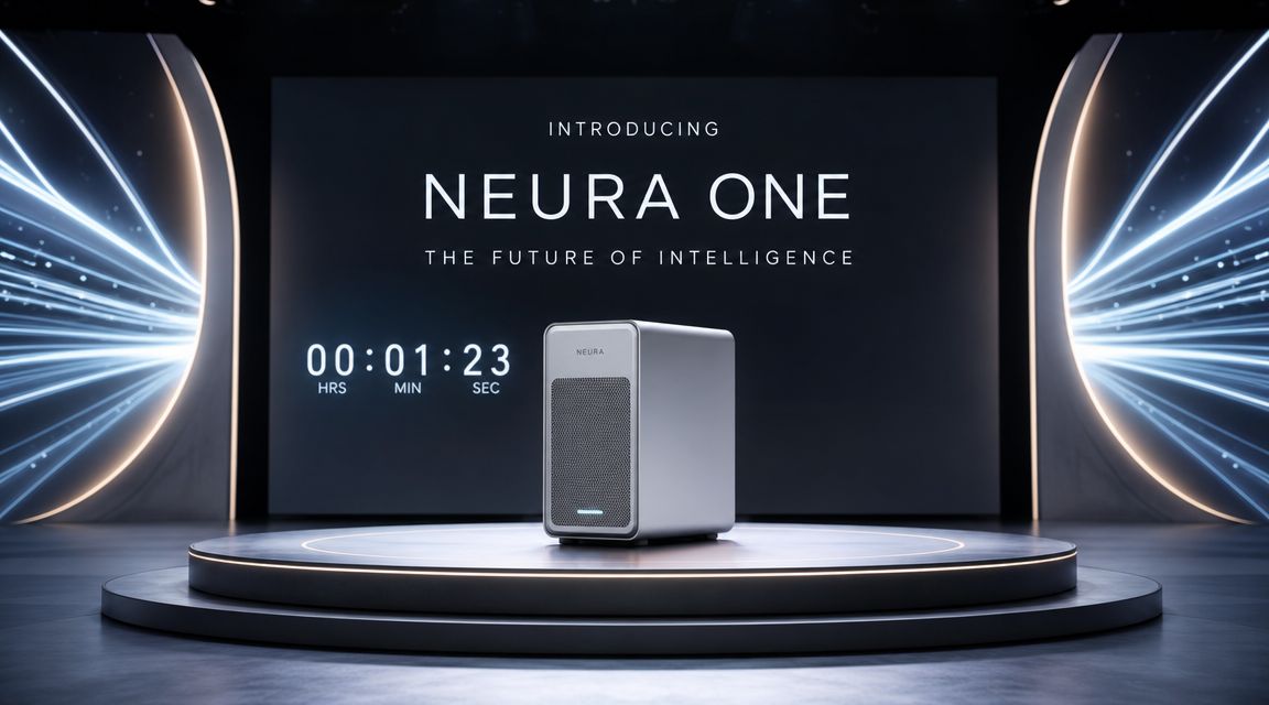 A sleek silver AI hardware device sits on a glowing stage during a high-tech product unveiling presentation.