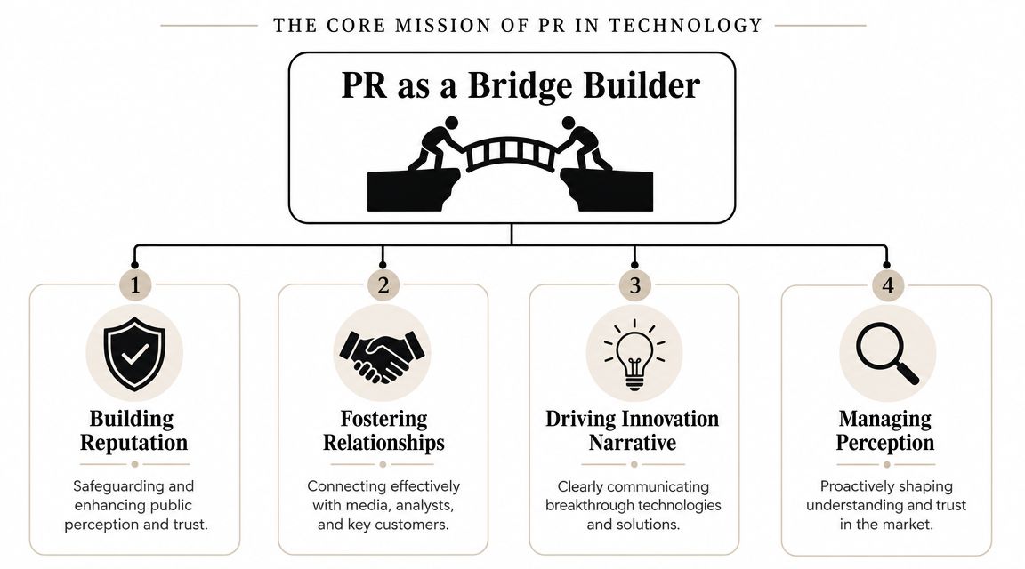 A diagram illustrating the four core missions of public relations in technology, acting as a bridge builder.