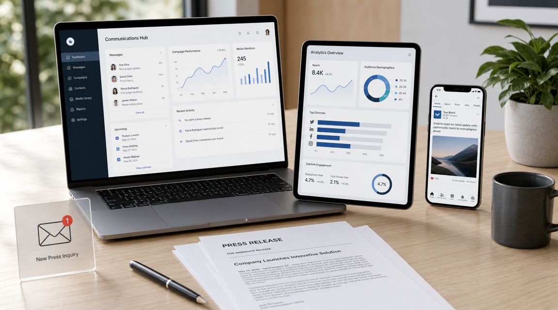A modern workspace with a laptop, tablet, and smartphone displaying marketing analytics and communication tools.