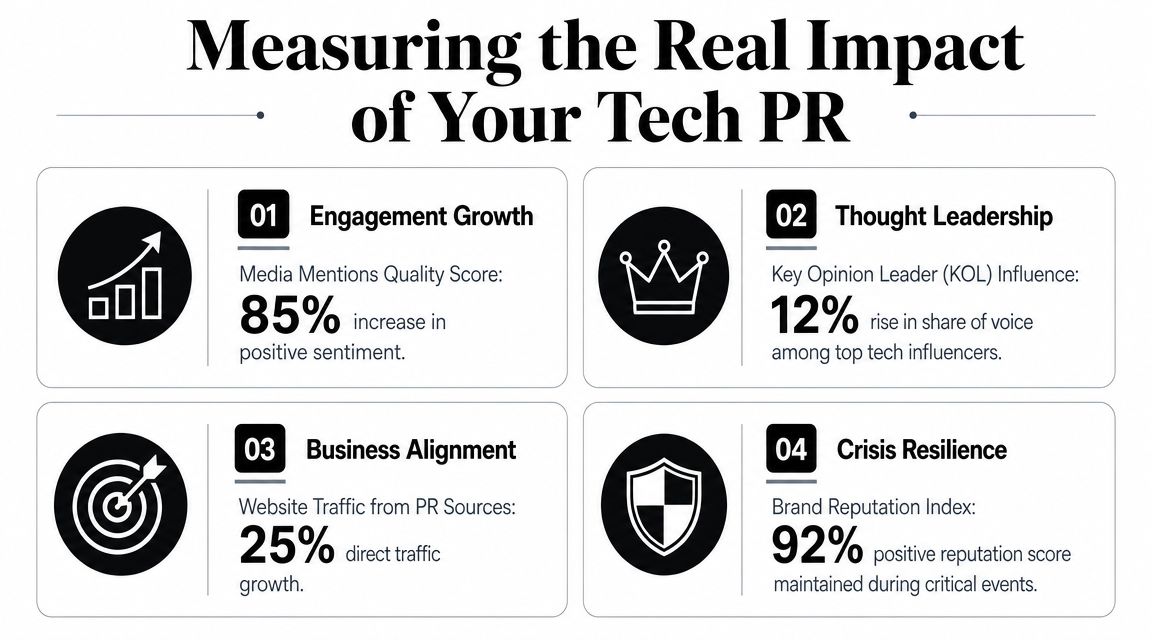 A professional infographic titled Measuring the Real Impact of Your Tech PR detailing four key performance indicators.