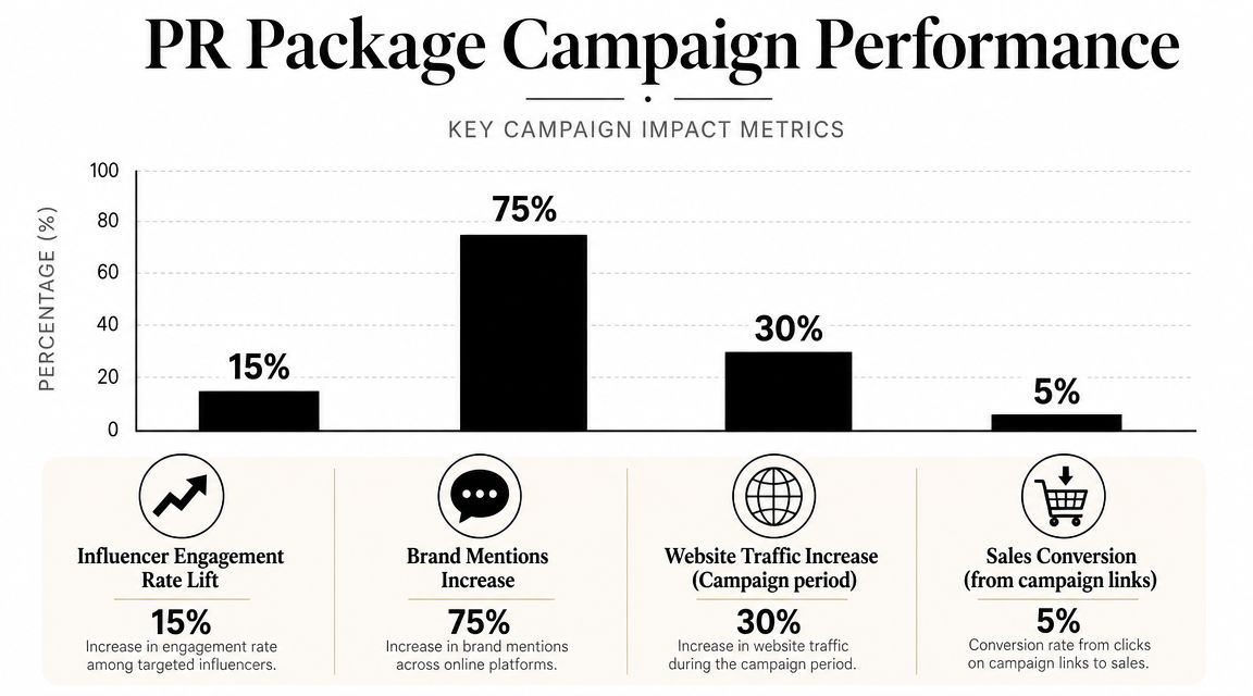A bar chart showing PR package campaign performance metrics including engagement, brand mentions, website traffic, and conversions.