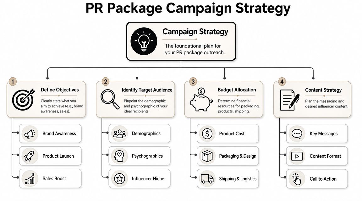 An infographic showing a four-step PR package campaign strategy for planning outreach to influencers.