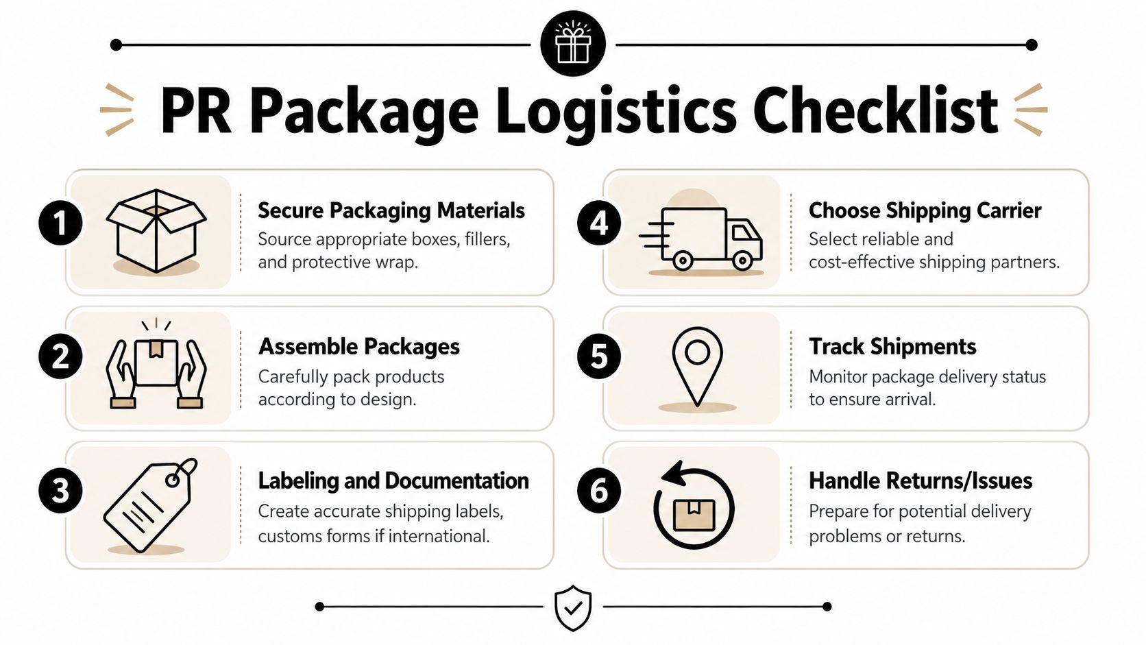 An infographic titled PR Package Logistics Checklist, detailing six numbered steps for shipping influencer marketing packages.