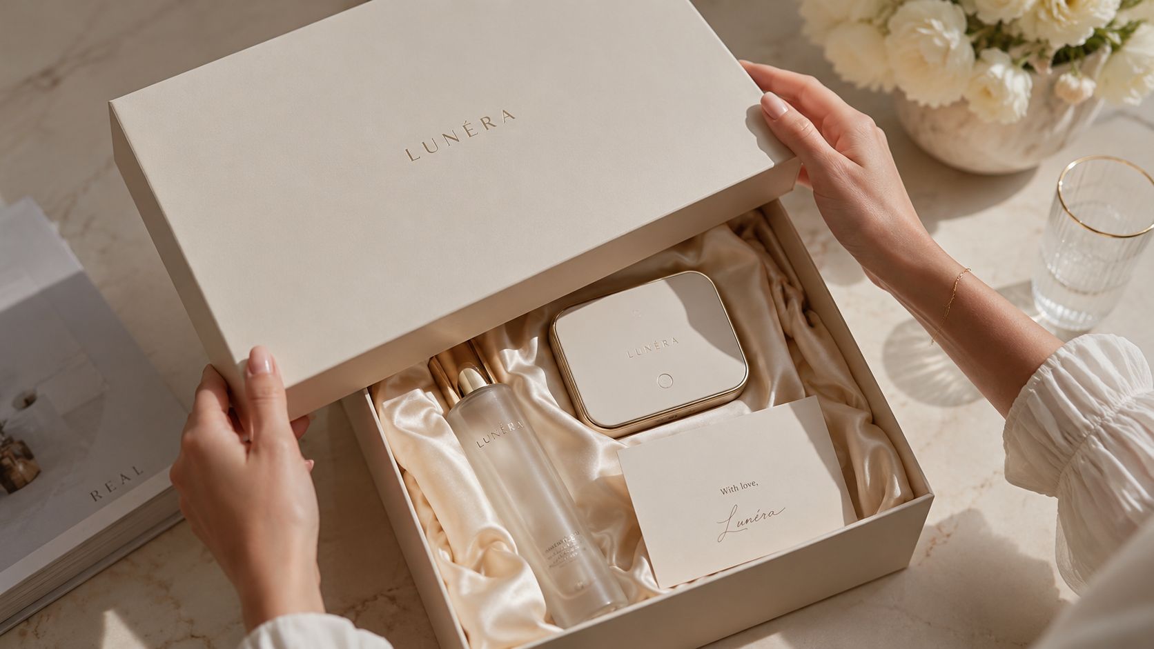A person opens a luxurious Lunéra gift box containing a perfume bottle, a small compact case, and a card.