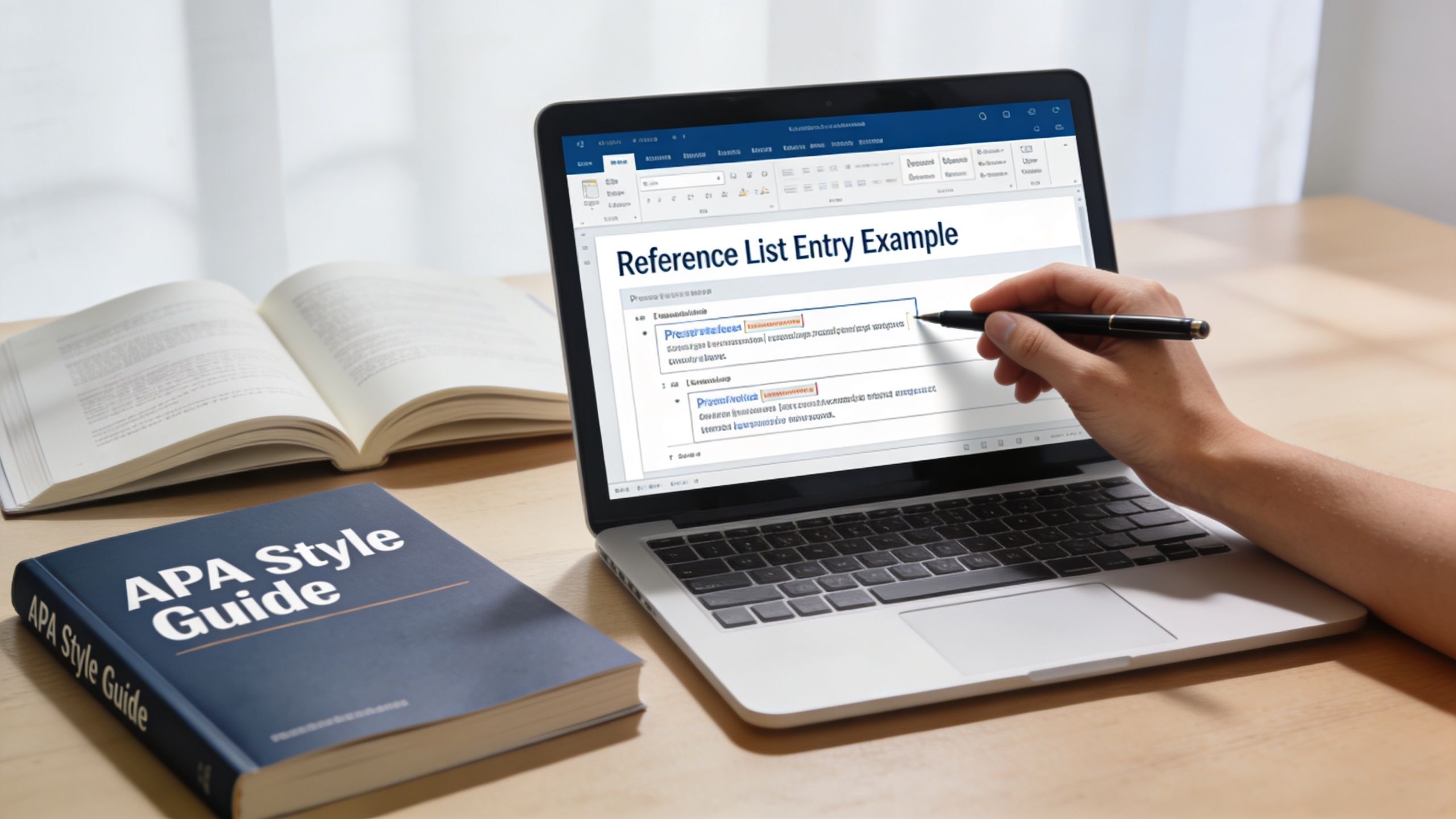 A person using a pen on a laptop showing APA reference list entry examples with style books.