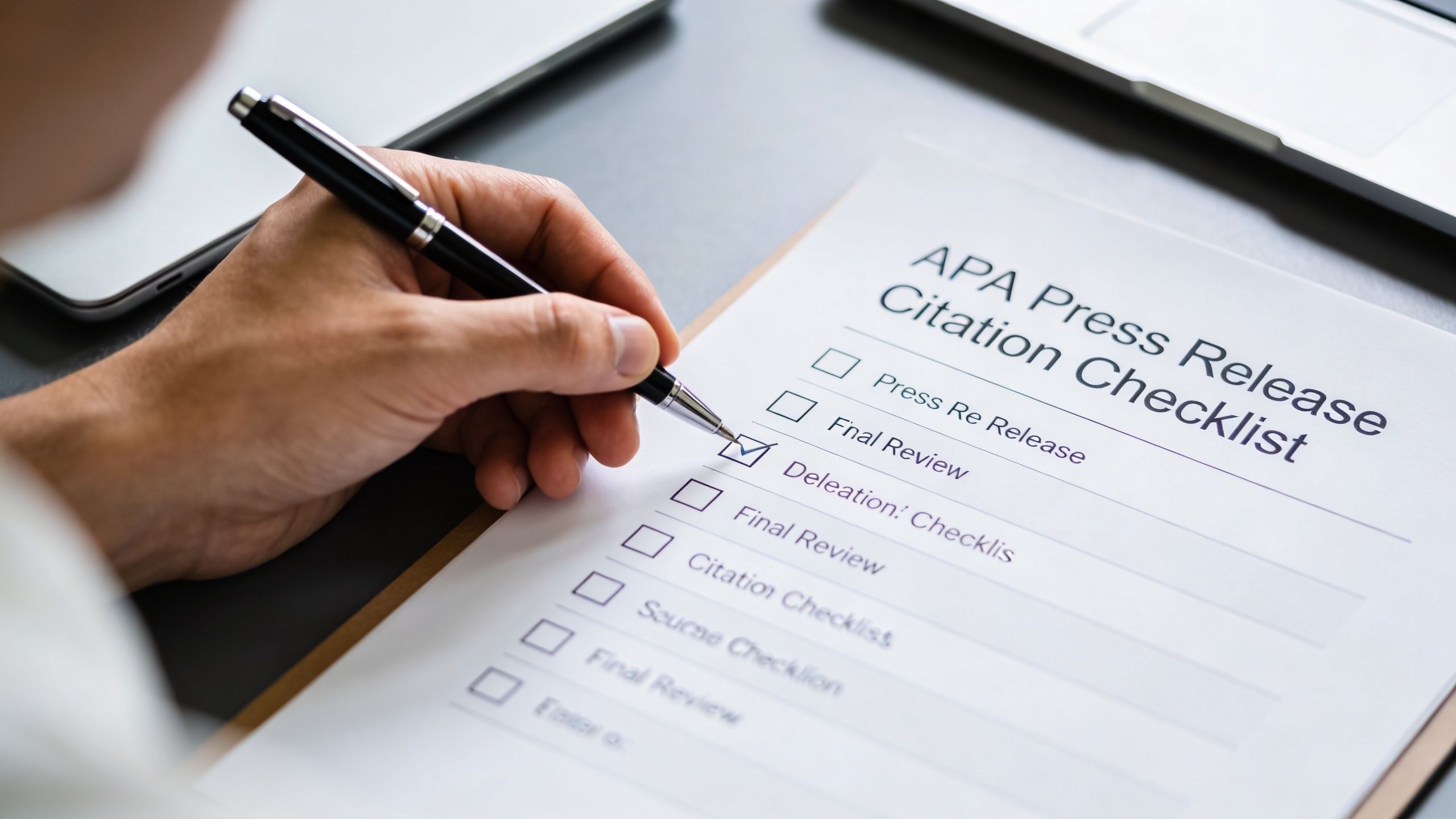 A person marks a checklist on paper titled APA Press Release Citation Checklist with a pen.