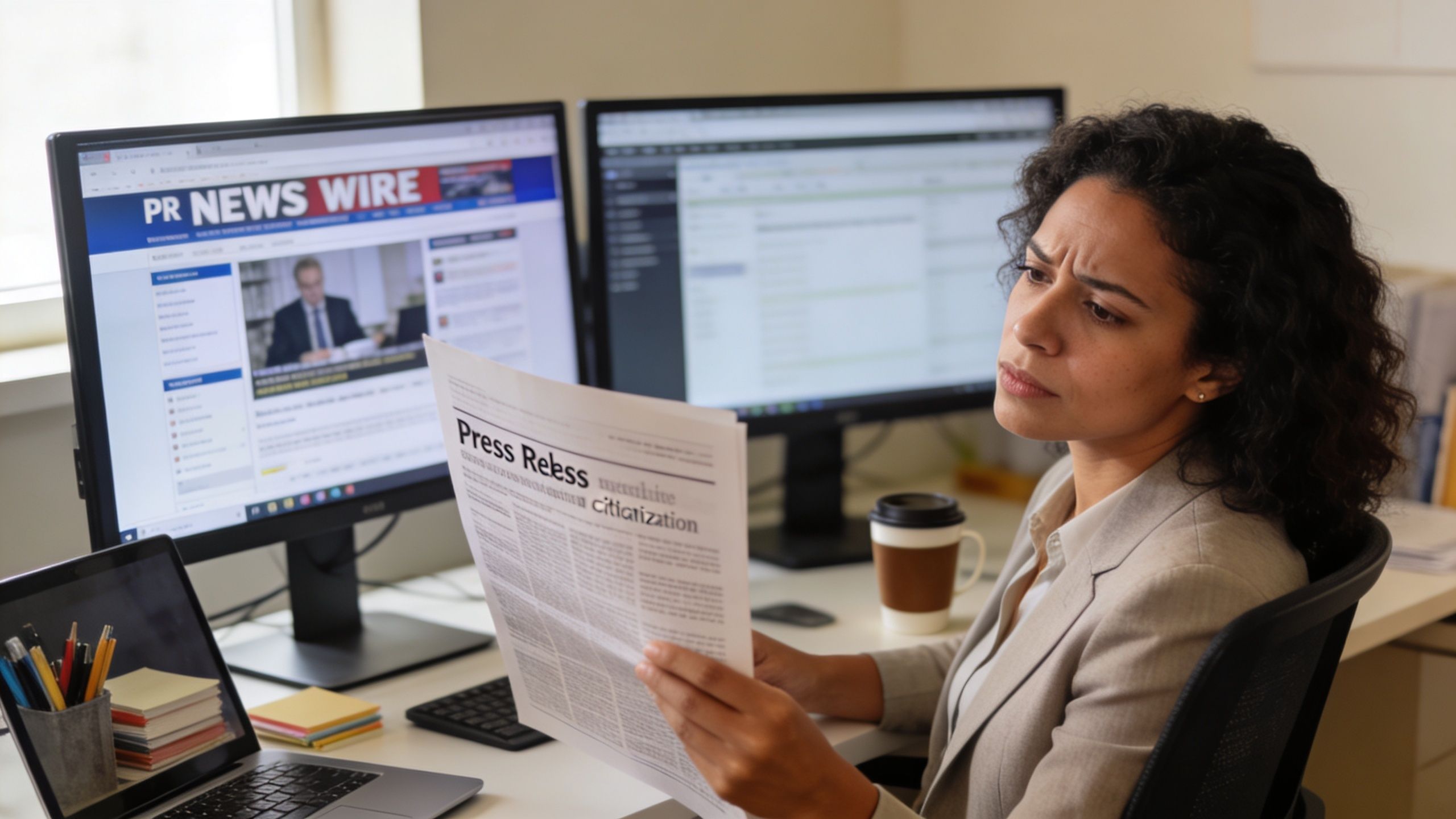 A professional woman reading a press release document while sitting at her office desk with multiple monitors.