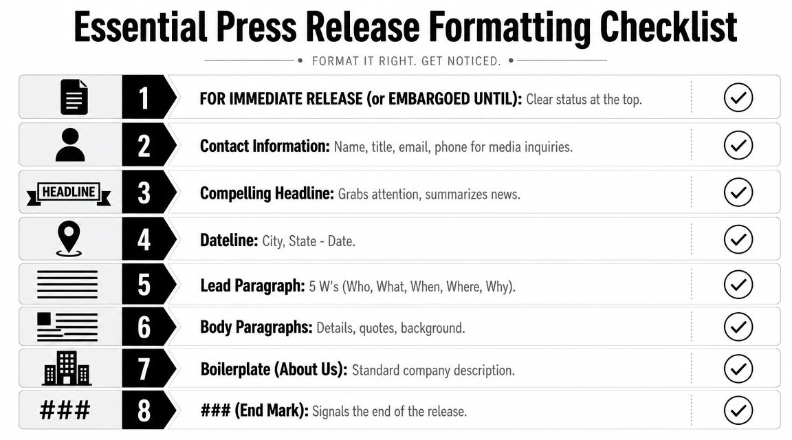An infographic checklist for essential press release formatting for media professionals and business communication purposes.