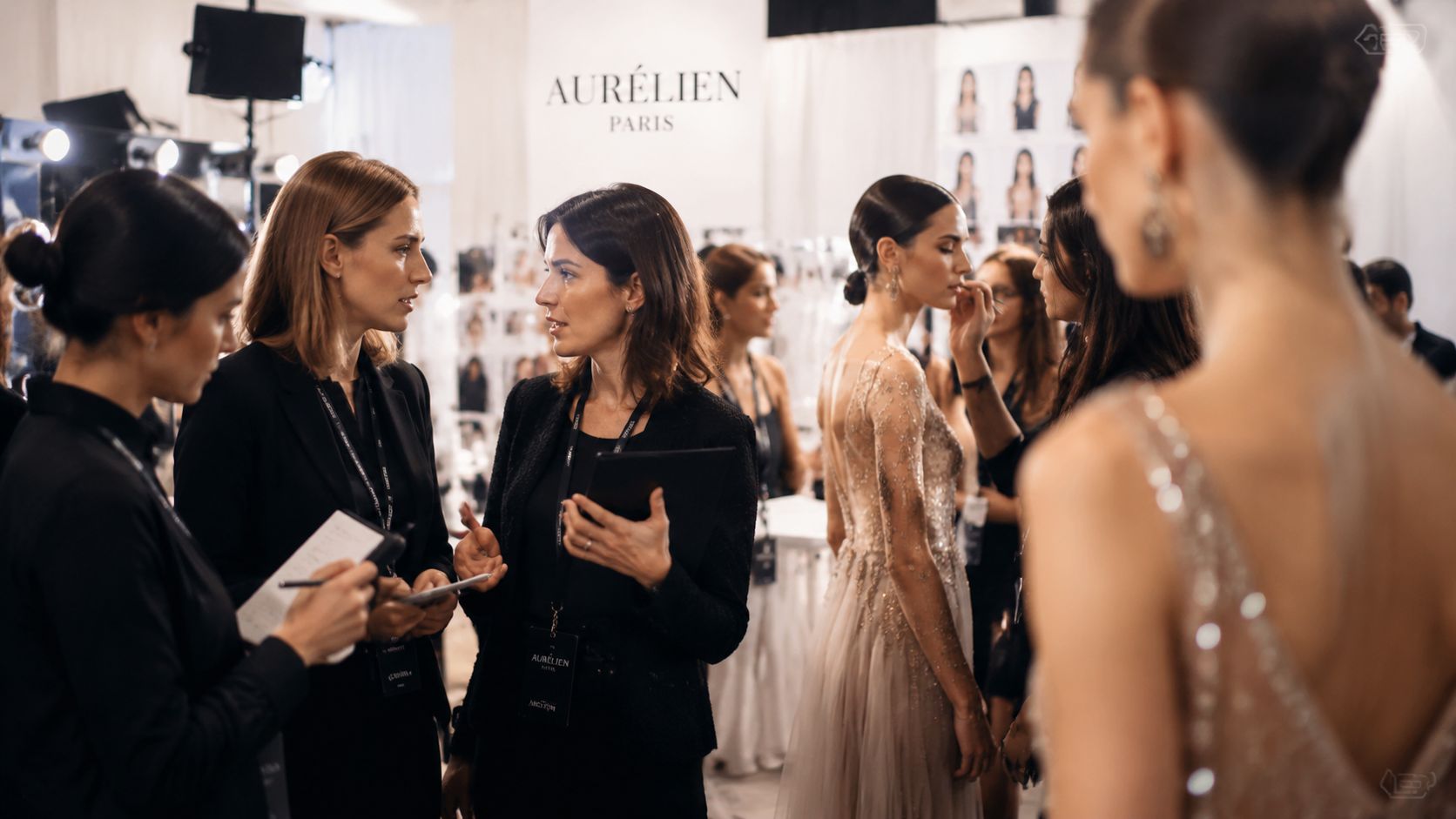 Fashion industry professionals in black attire discussing strategy backstage during an Aurélien Paris fashion show event.