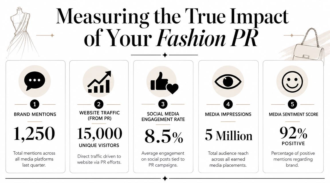 An infographic detailing five key metrics for measuring the impact of fashion public relations campaigns.
