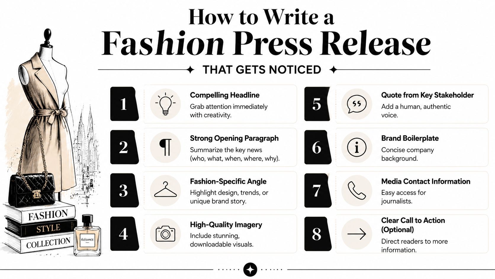 An infographic titled How to Write a Fashion Press Release outlining eight essential steps for success.