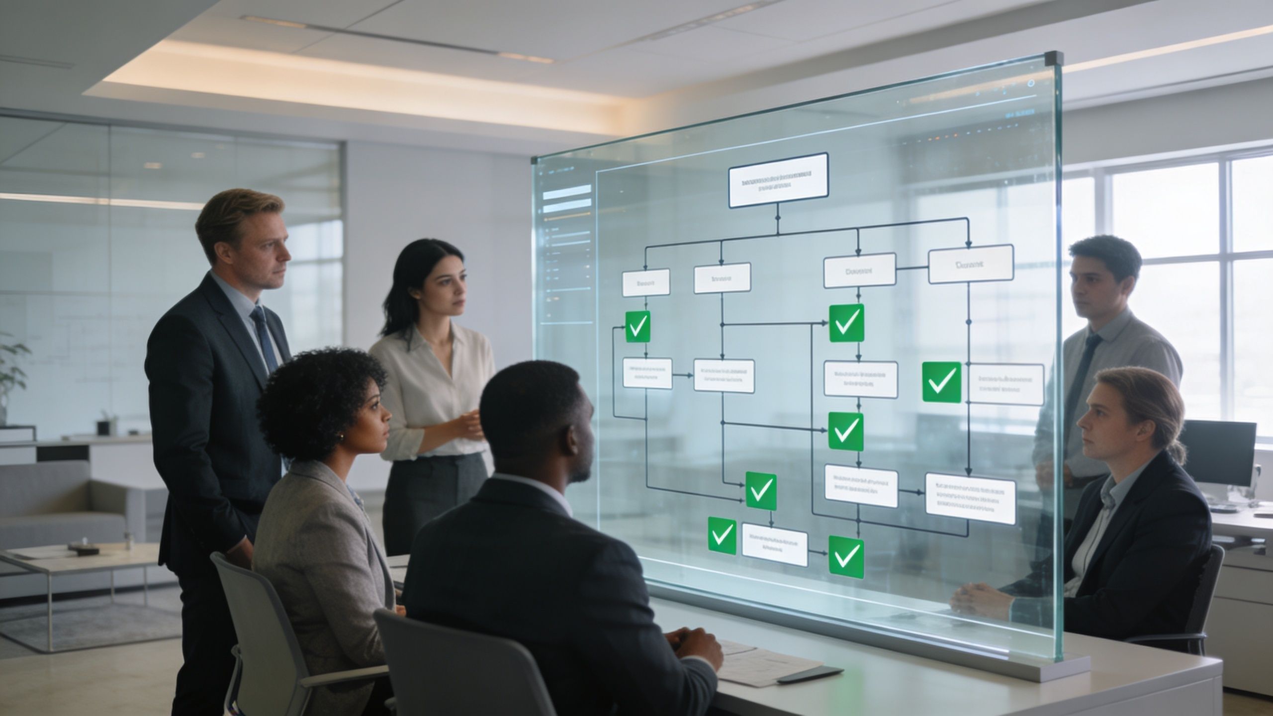 A professional team in a modern office reviews a digital workflow chart on a transparent glass screen.