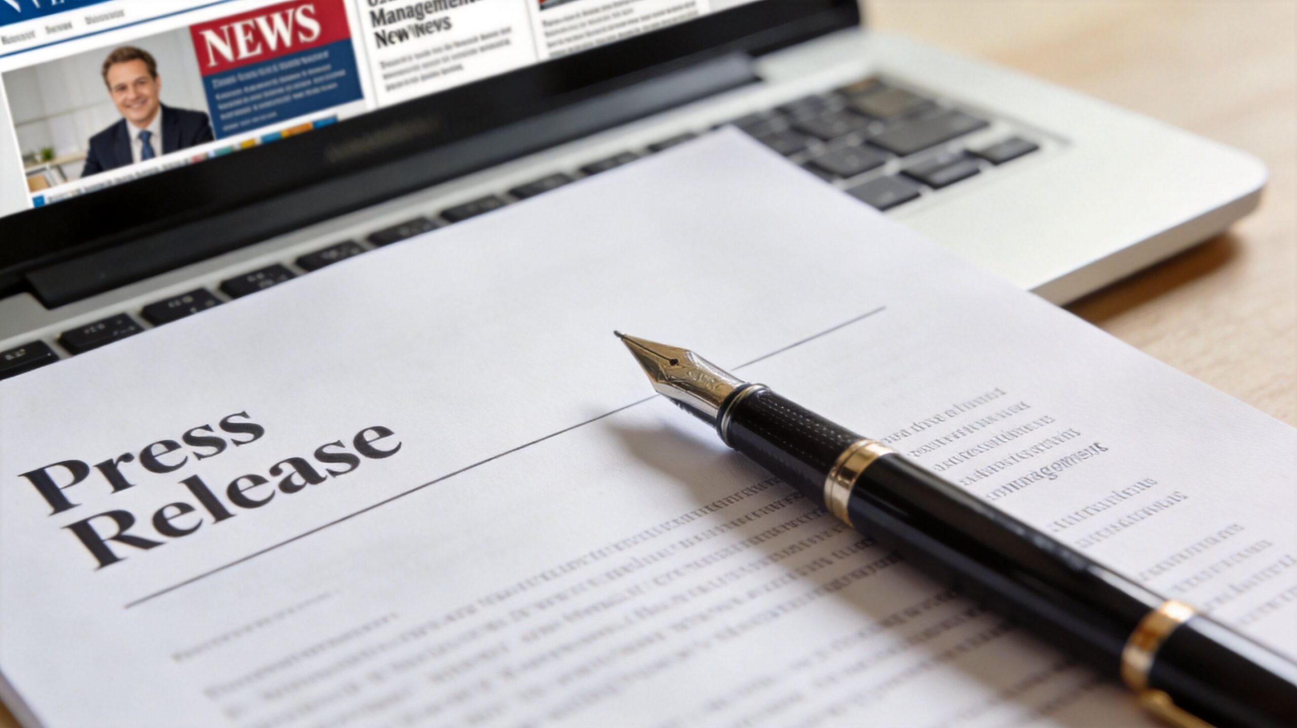 A professional fountain pen resting on a printed press release document in front of a laptop computer.