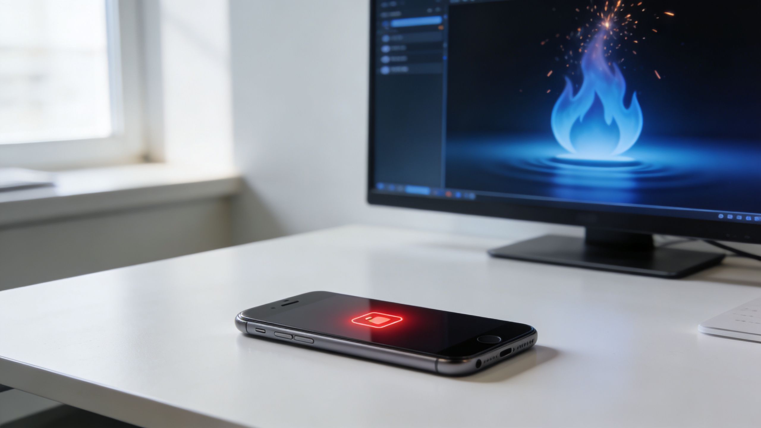 A smartphone with a glowing file icon on its screen resting on a clean white desk surface.