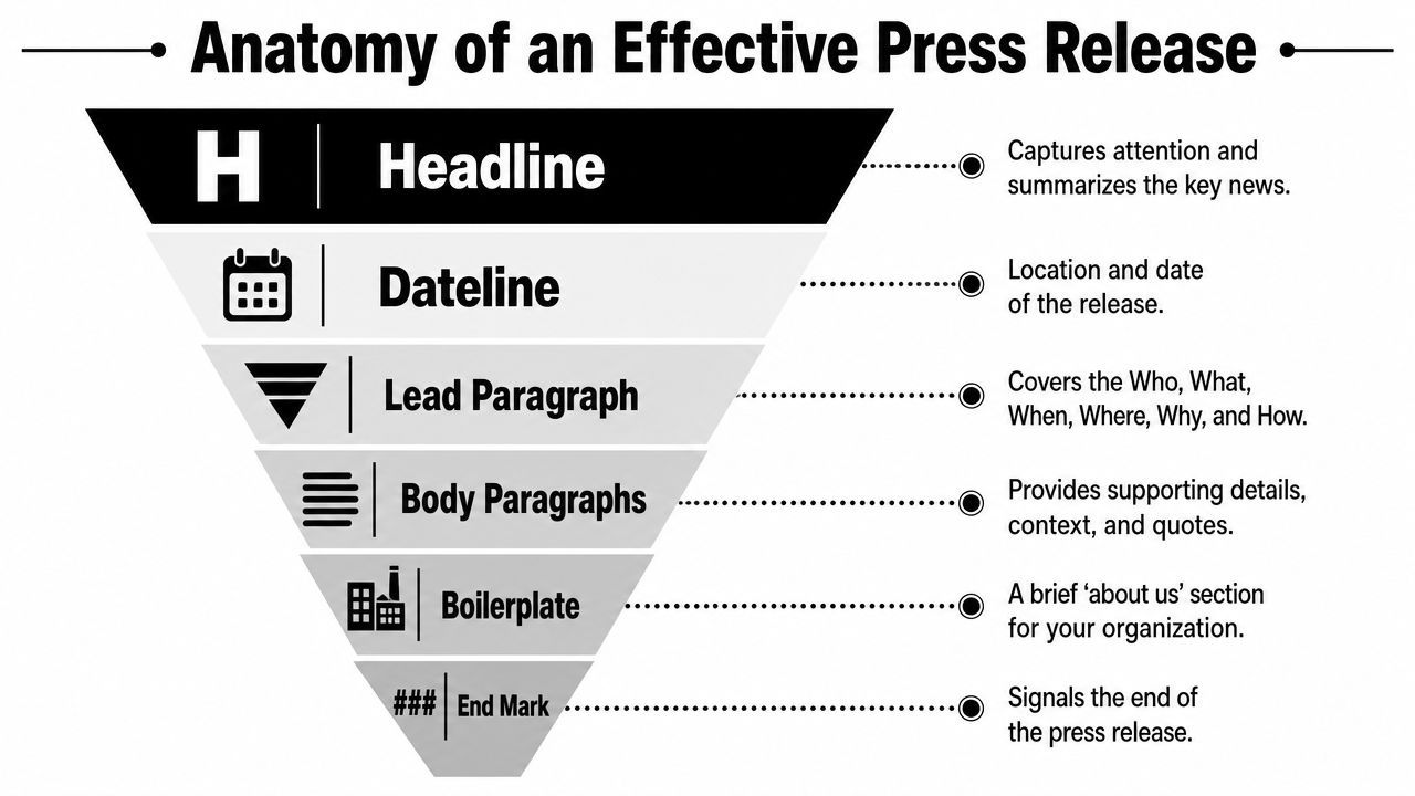An infographic titled Anatomy of an Effective Press Release showing the structural components of news writing.
