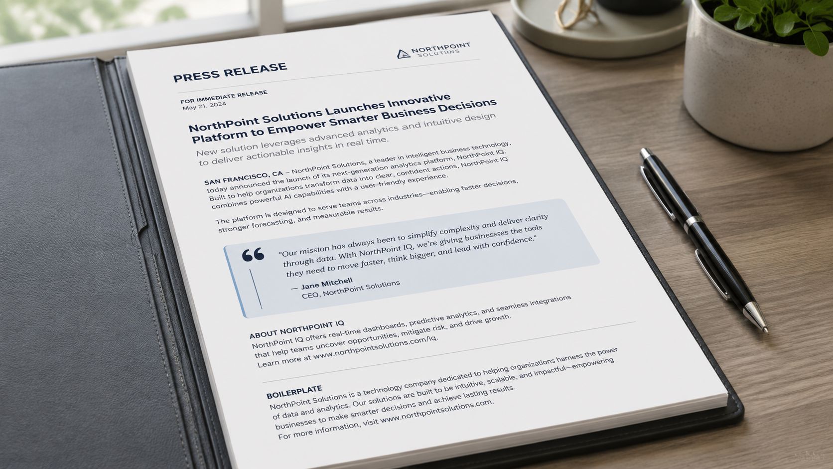 A professional press release document from NorthPoint Solutions resting on a desk next to a pen.