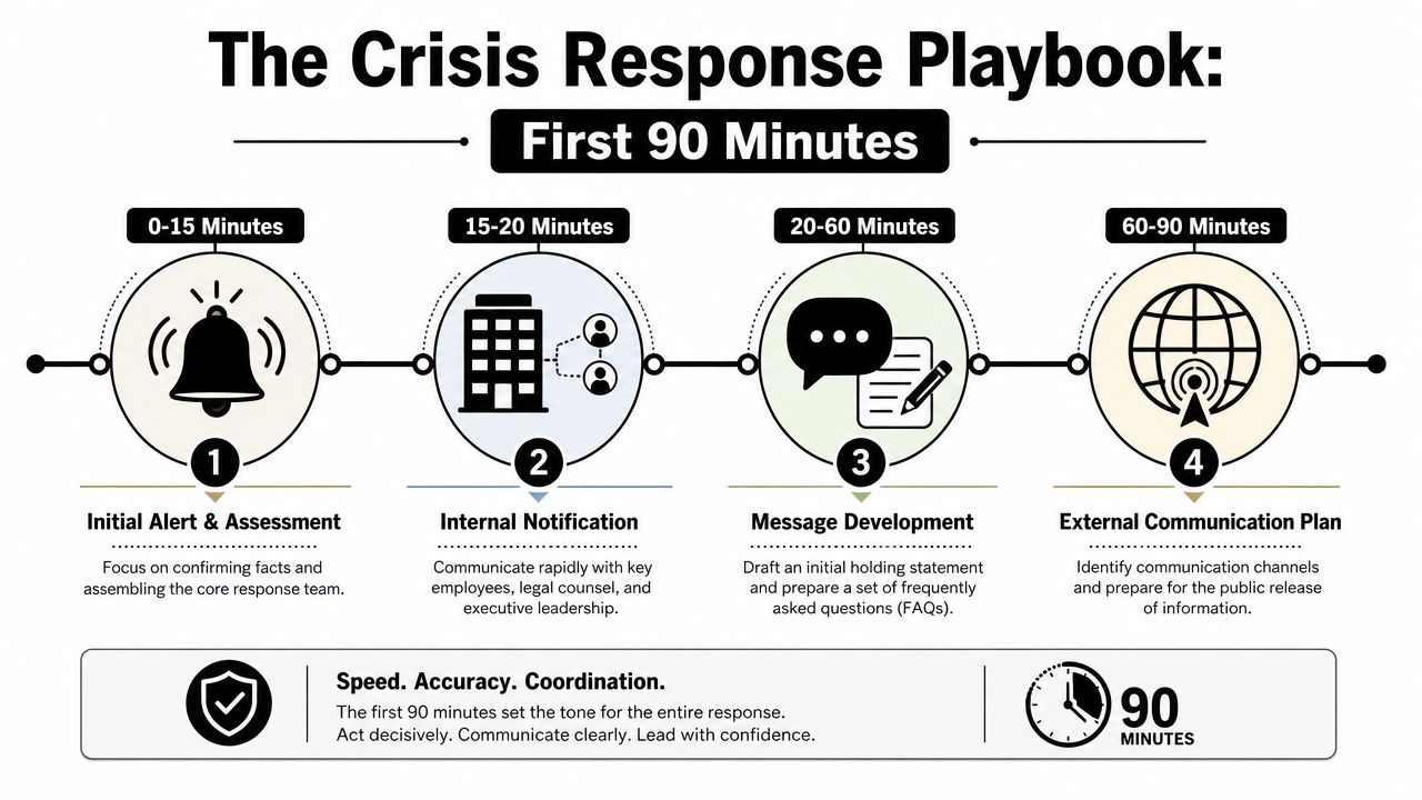 A visual timeline detailing a 90-minute crisis response playbook for organizations to handle critical events effectively.