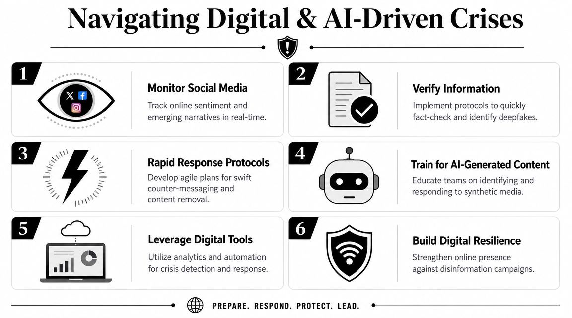 A diagram outlining six essential steps for managing digital and AI-driven crisis communications effectively.