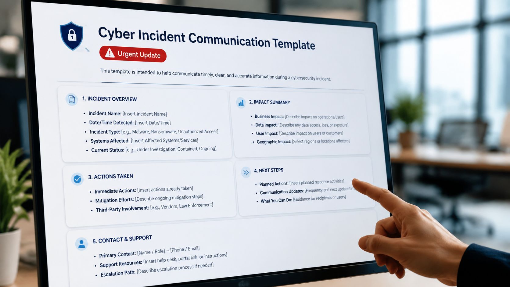 A person touching a screen displaying a digital template for communicating a cyber incident to stakeholders.