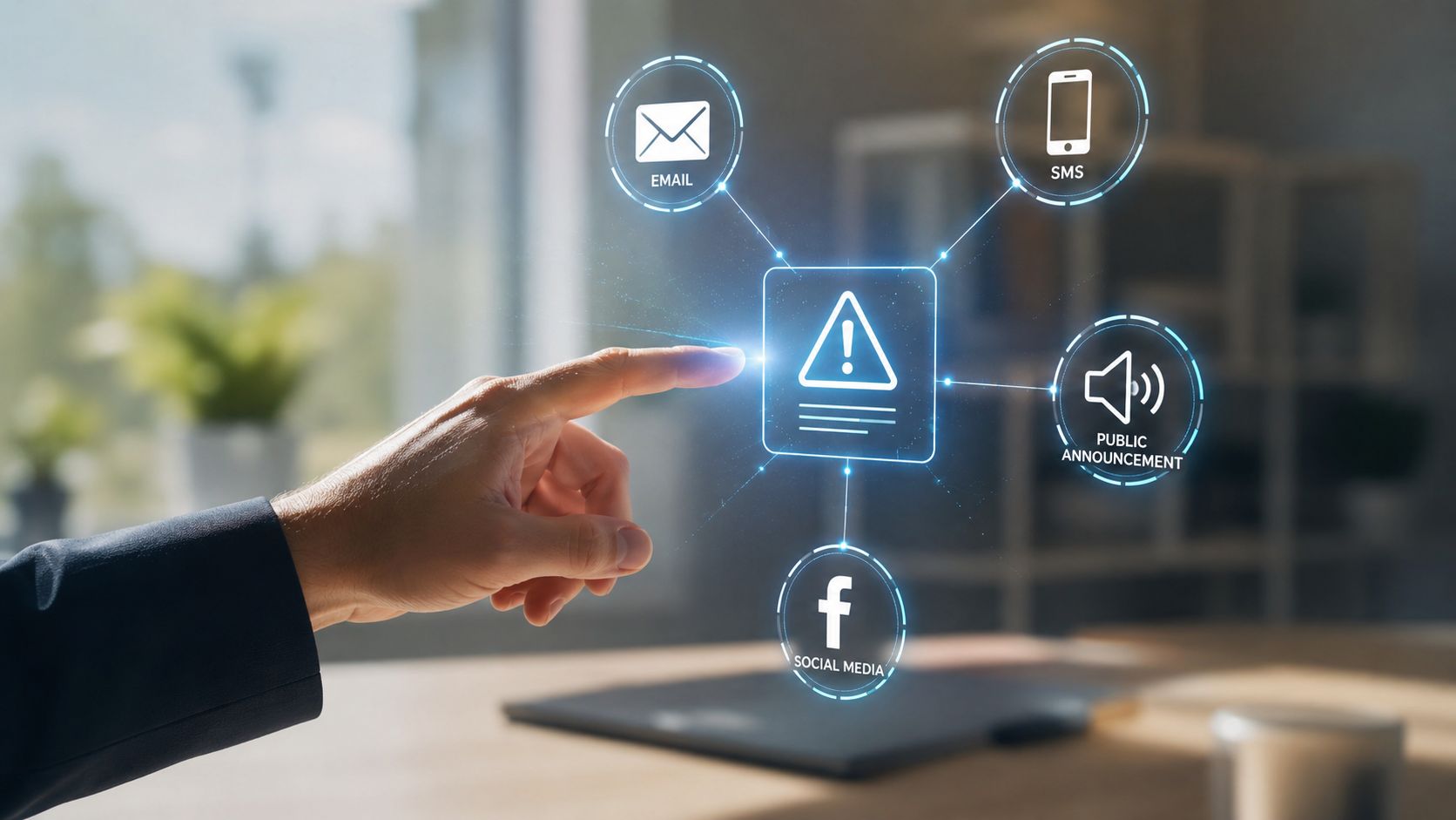A businessman touching a digital interface displaying an emergency alert icon connected to various communication notification channels.