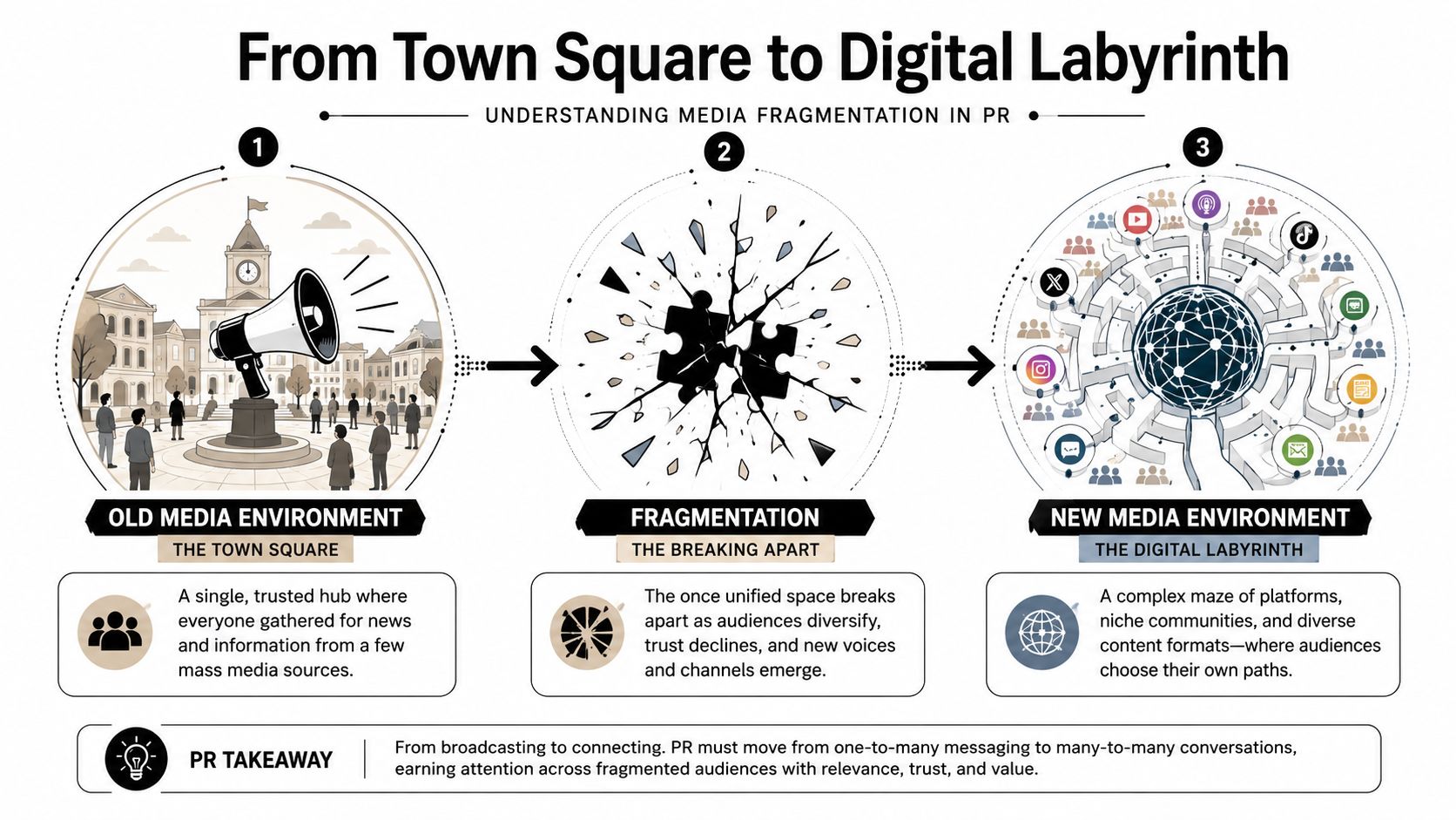 A diagram illustrating the shift from traditional mass media town squares to a complex, fragmented digital labyrinth.