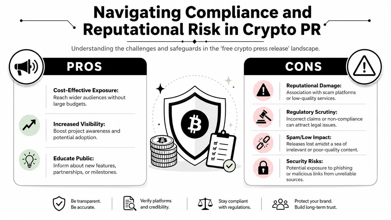 An infographic titled Navigating Compliance and Reputational Risk in Crypto PR comparing pros and cons of free press releases.