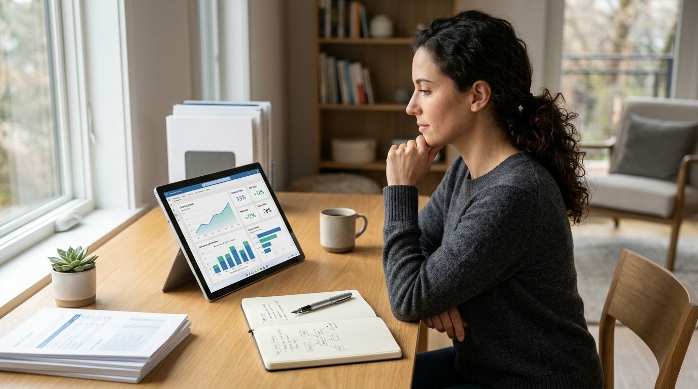 A woman working on financial charts on her tablet at a clean, sunlit wooden office desk.