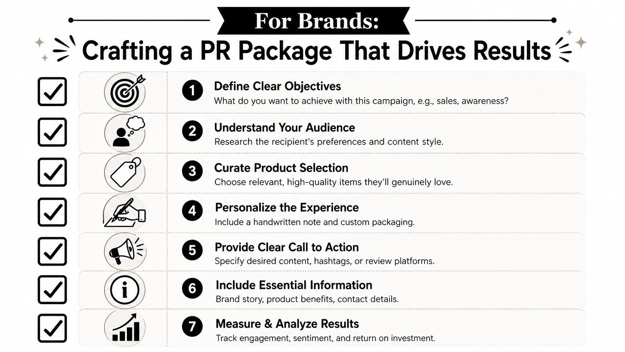 A checklist infographic outlining seven essential steps for brands to create successful and effective PR packages.