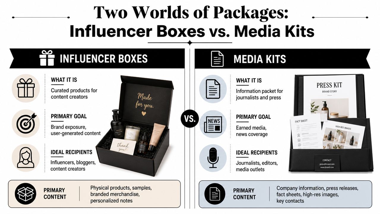 A comparison infographic between influencer boxes and media kits for brand marketing and public relations.