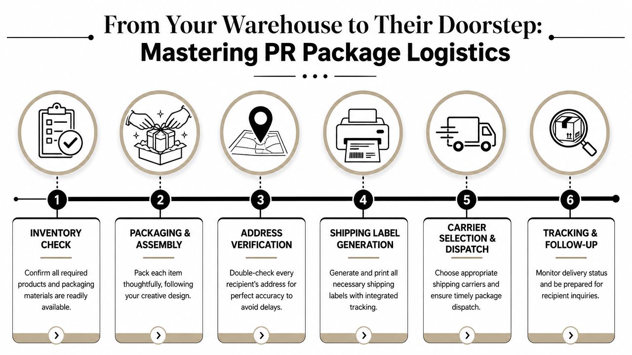 A six-step infographic guide detailing the logistics process for preparing and delivering public relations packages efficiently.