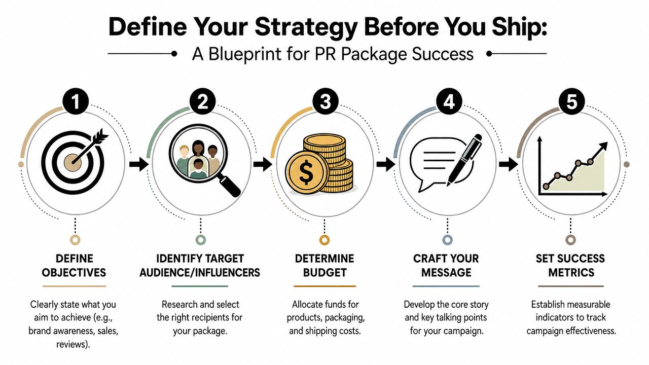 A five-step infographic guide detailing how to create a successful PR package strategy for your brand.